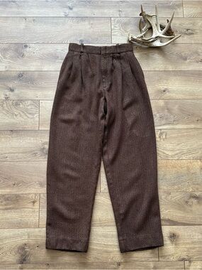 Vintage Barry Bricken Herringbone Wool Pants Pleated Brown | Size 6